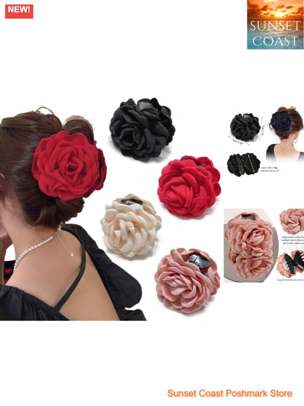 Handmade Fabric Rose Flower Hair Claw Clip Set Boho Floral Hairpins for Women